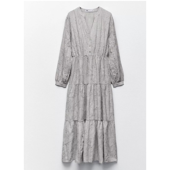 ZARA WOMAN GRAY EMBROIDERED TIERED MIDI DRESS - Picture 4 of 10